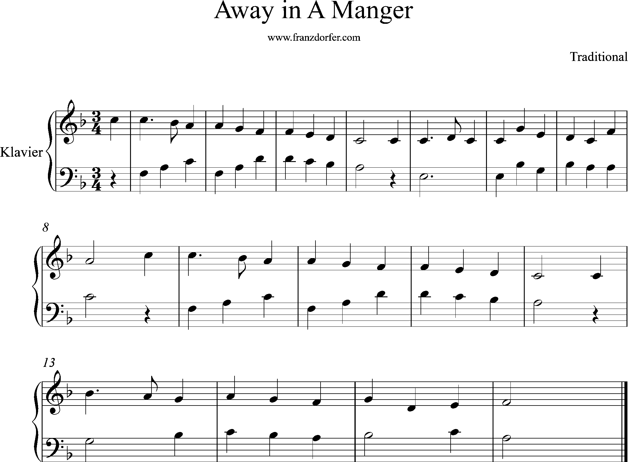 piano sheetmusic, F-Major, Away in a manger